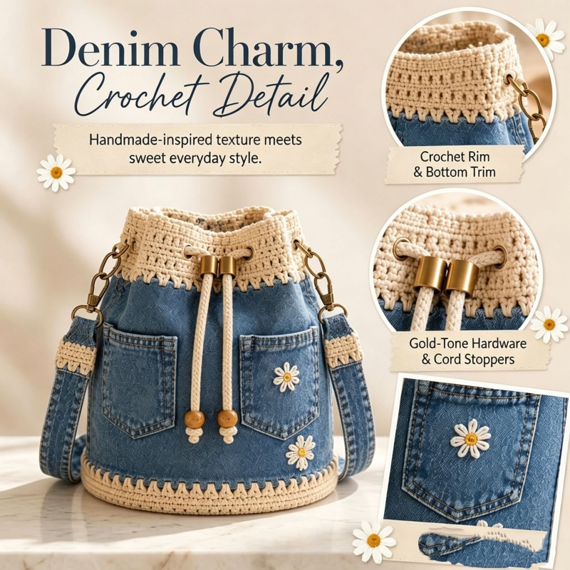 Denim Crochet Bucket Bag Handm - đánh giá và giá Crochet Market Bag