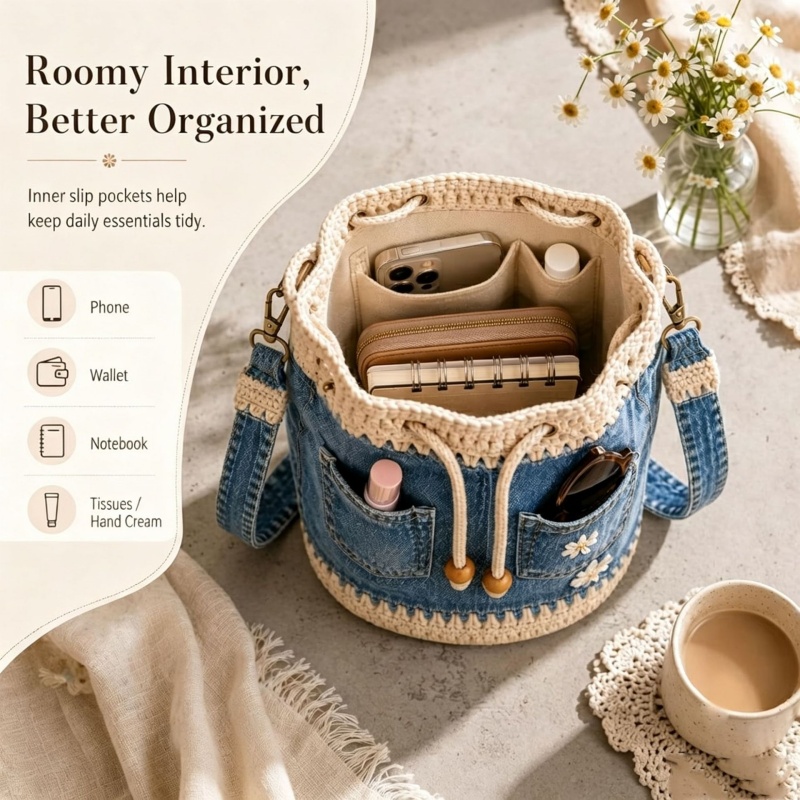 Denim Crochet Bucket Bag Handm - đánh giá và giá Crochet Market Bag